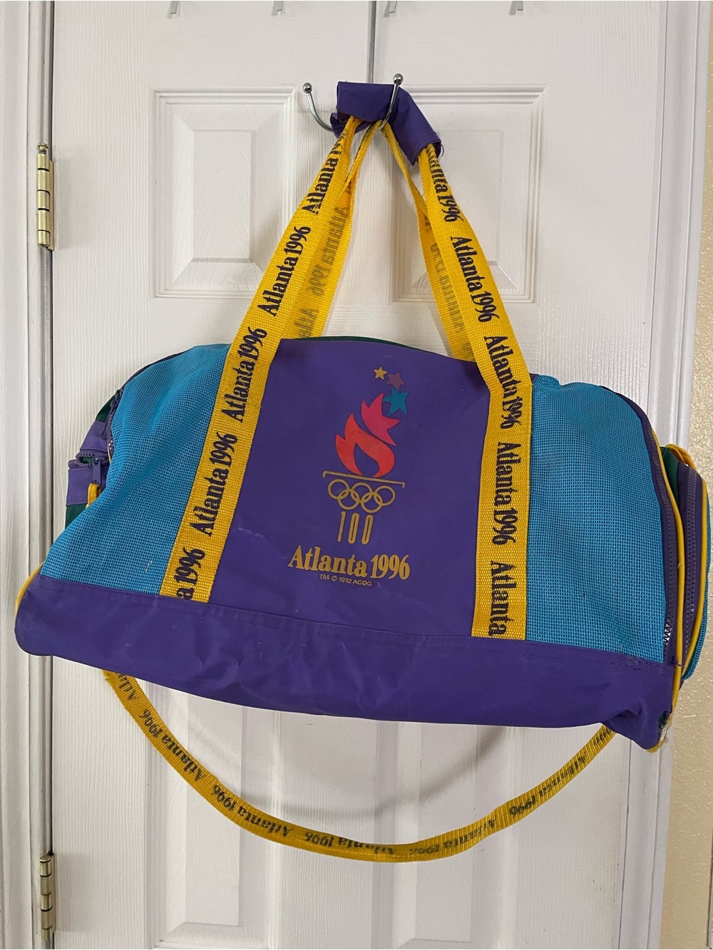 Atlanta 1996 Purple & Teal Olympic Duffel Bag with Yellow Straps